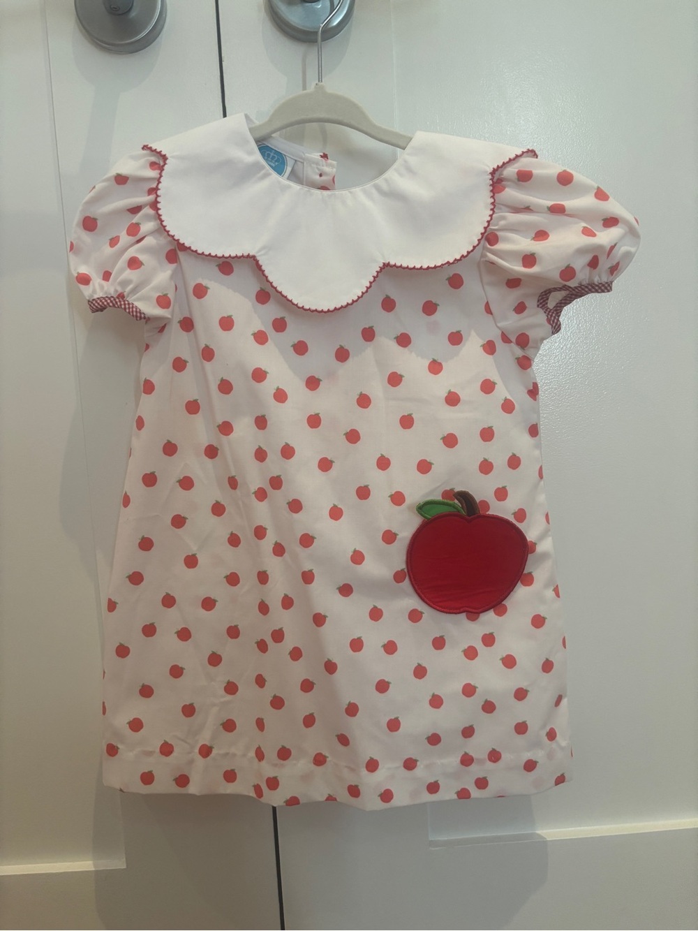 KREWE White Dress with Pink Dot Print and Red Apple Applique
